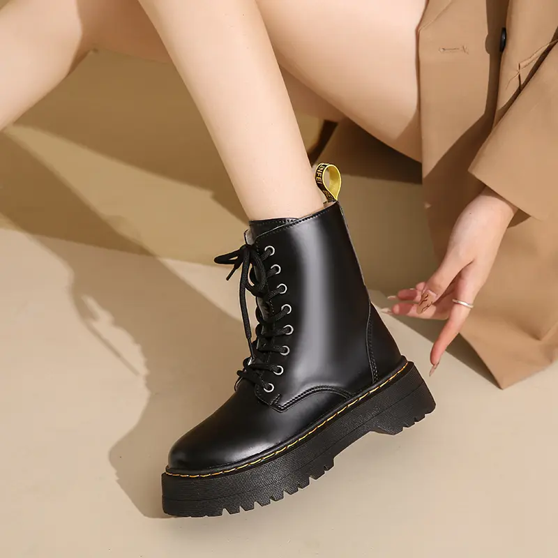 Winter New Flat Cotton Boots Women's Fashion Round Head Front Lacing Up Side Zipper Thick Sole Non-slip Ankle Boots