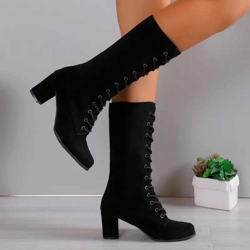Winter New Coarse Heel Shoes Women's Round Head Front Cross Lacing Anti-slip Wear-resistant High Boots