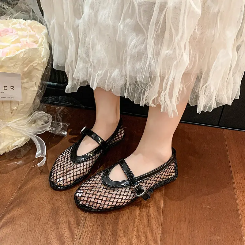 Mesh Ballet Shoes Women's Spring and Summer New Round Toe Shallow Mouth Cutout Mesh Breathable Flat Sandals