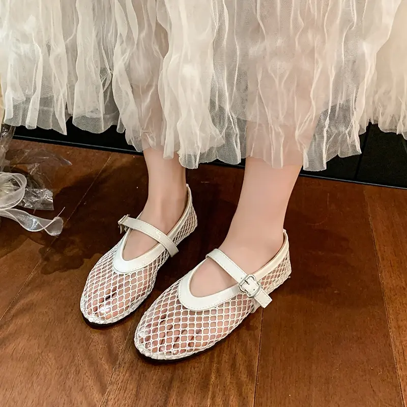 Mesh Ballet Shoes Women's Spring and Summer New Round Toe Shallow Mouth Cutout Mesh Breathable Flat Sandals