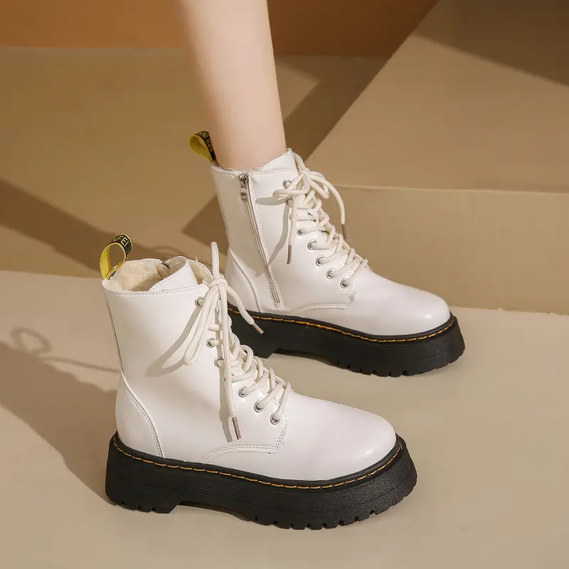 Winter New Flat Cotton Boots Women's Fashion Round Head Front Lacing Up Side Zipper Thick Sole Non-slip Ankle Boots