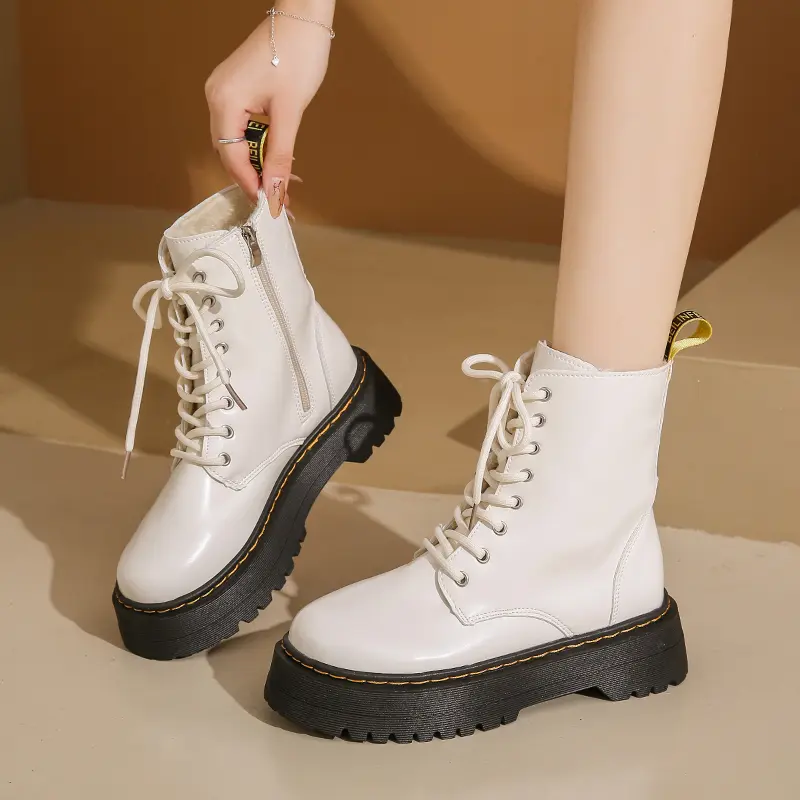 Winter New Flat Cotton Boots Women's Fashion Round Head Front Lacing Up Side Zipper Thick Sole Non-slip Ankle Boots