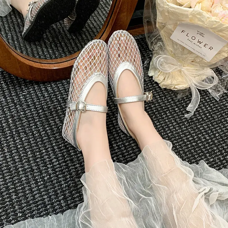 Mesh Ballet Shoes Women's Spring and Summer New Round Toe Shallow Mouth Cutout Mesh Breathable Flat Sandals