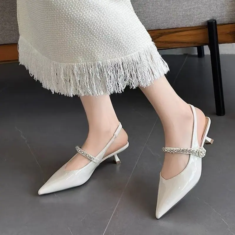 French Pointed Toe High Heels Women's 2025 Summer New Temperament Baotou Rhinestone Back Empty Strap Stiletto Sandals