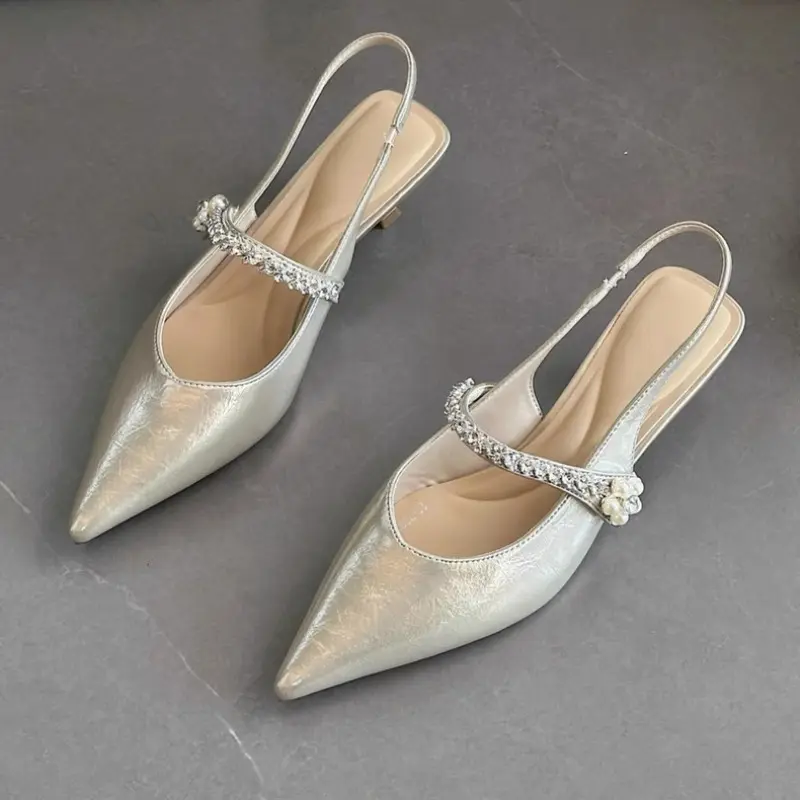 French Pointed Toe High Heels Women's 2025 Summer New Temperament Baotou Rhinestone Back Empty Strap Stiletto Sandals