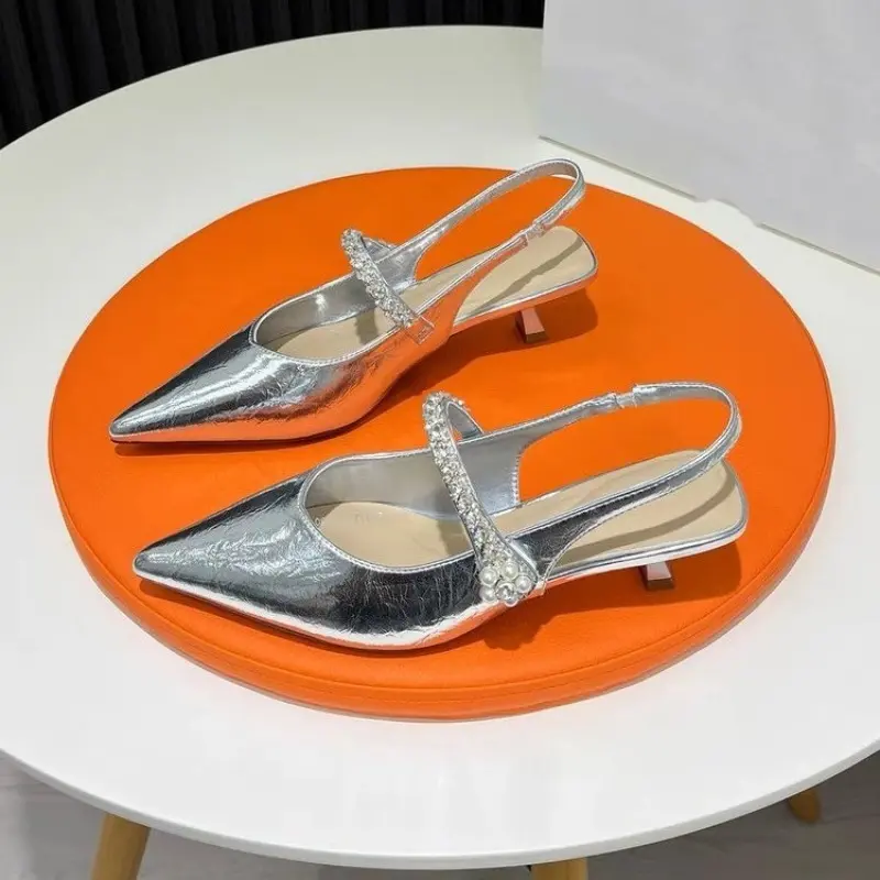French Pointed Toe High Heels Women's 2025 Summer New Temperament Baotou Rhinestone Back Empty Strap Stiletto Sandals