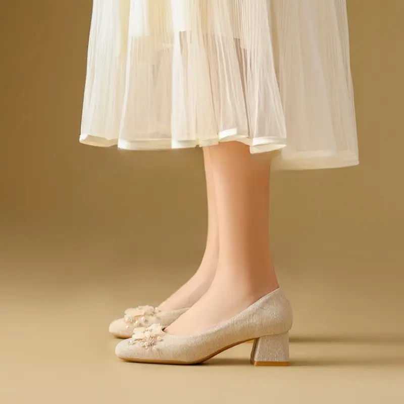 Fashion Flower High-heeled Single Shoes Autumn New Square Toe Shallow Cuff Foot Non-slip Wear-resistant Block Heel Shoes