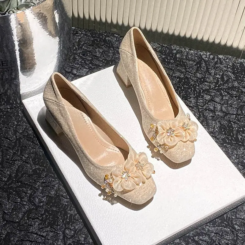 Fashion Flower High-heeled Single Shoes Autumn New Square Toe Shallow Cuff Foot Non-slip Wear-resistant Block Heel Shoes