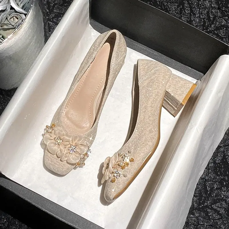 Fashion Flower High-heeled Single Shoes Autumn New Square Toe Shallow Cuff Foot Non-slip Wear-resistant Block Heel Shoes