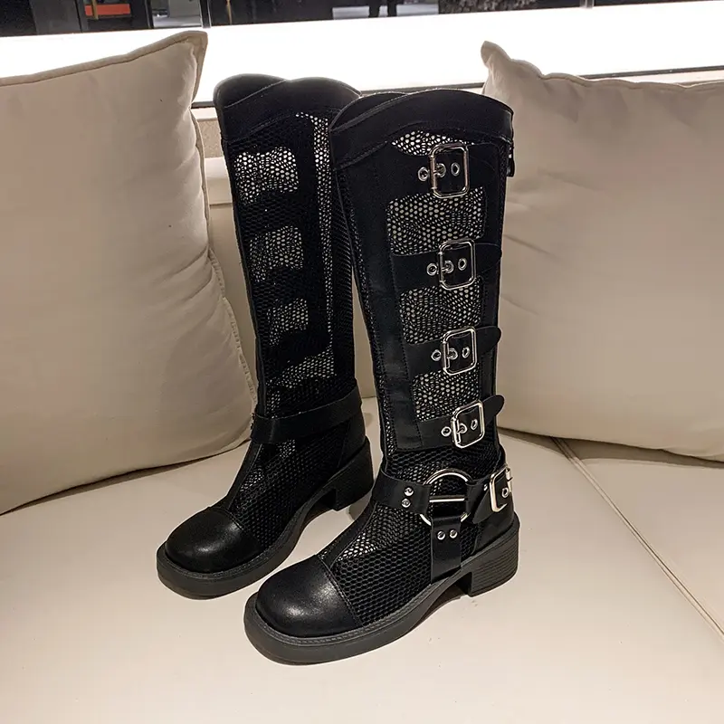 Women's Fashion Cool Boots Summer New Round Head Patchwork Mesh Rivets Metal Buckle Back Zipper Soft Soled Mid-heel Shoes