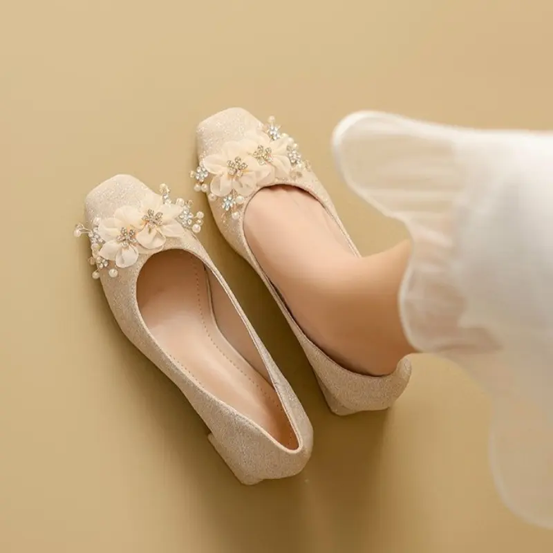 Fashion Flower High-heeled Single Shoes Autumn New Square Toe Shallow Cuff Foot Non-slip Wear-resistant Block Heel Shoes