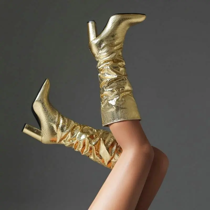 Women's Fashion Thick Heel Single Boots Autumn New Pointed Head Sleeve Fold Anti-slip Wear-resistant High Boots