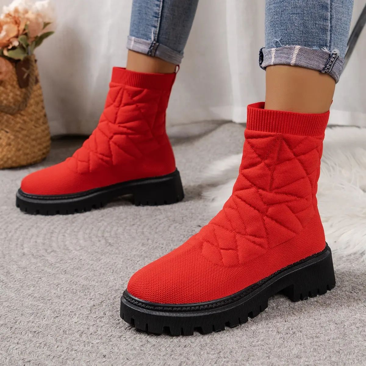 Luxury Brand 2023 New Women Thick-soled Thick-heeled Warm Boots Women's Towel Cotton Boots Motorcycle Boots 36-43