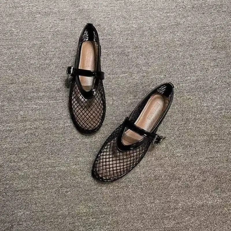 Net flat fashion sandals new summer round head breathable non-slip line button Mary Jane fishnet shoes ladies shoes