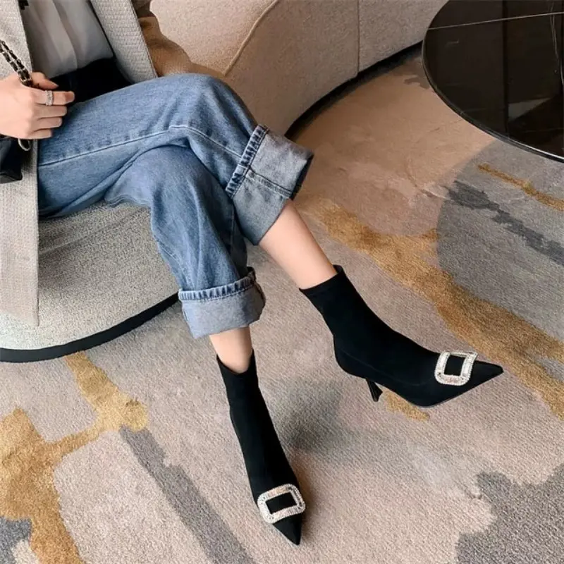 Autumn New Thin Heel Single Boots Women's Fashion Pointed Rhinester Buckle Suede Temperament Short Boots