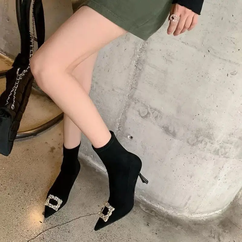 Autumn New Thin Heel Single Boots Women's Fashion Pointed Rhinester Buckle Suede Temperament Short Boots