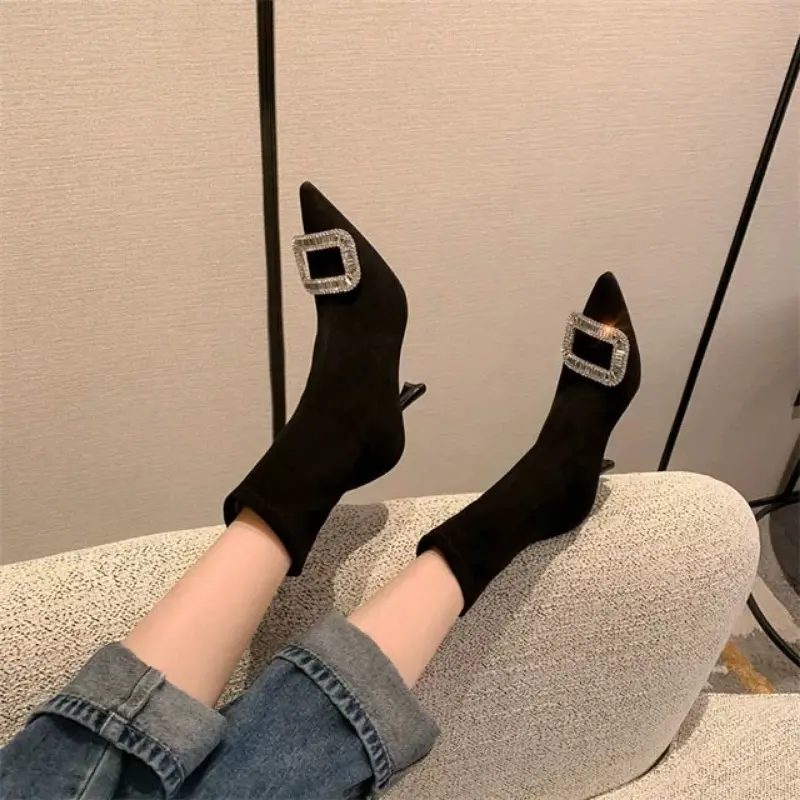 Autumn New Thin Heel Single Boots Women's Fashion Pointed Rhinester Buckle Suede Temperament Short Boots