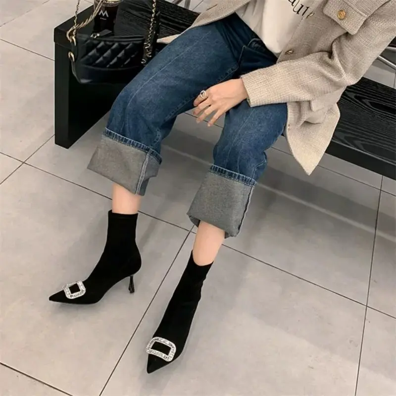 Autumn New Thin Heel Single Boots Women's Fashion Pointed Rhinester Buckle Suede Temperament Short Boots