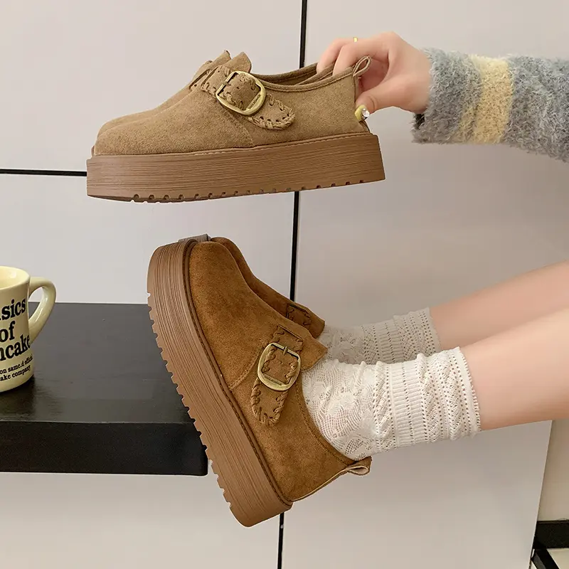 Comfortable Single Shoes Women's Fashion Round Toe Suede Metal Slip Strap Non-Slip Platform Flats