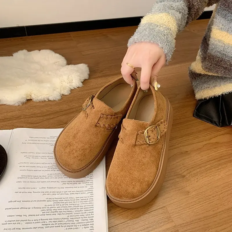 Comfortable Single Shoes Women's Fashion Round Toe Suede Metal Slip Strap Non-Slip Platform Flats