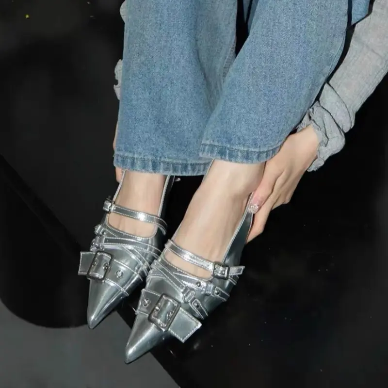 Vintage Stiletto Sandals Fall New Pointed Toe Shallow Rivet Metal Buckle One Strap Anti-Slip Wear-Resistant High Heels