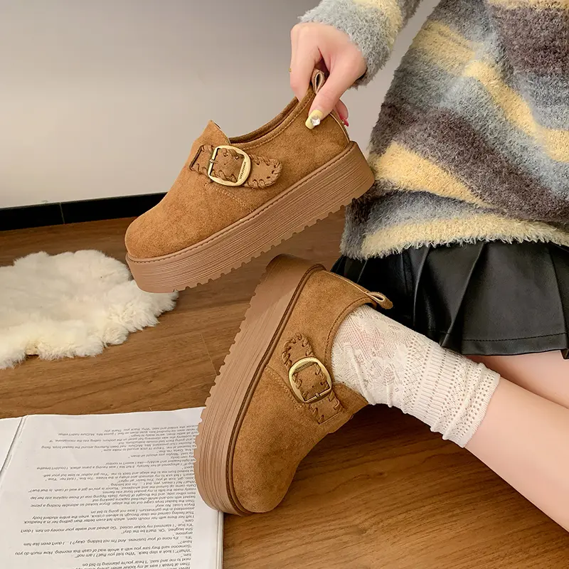 Comfortable Single Shoes Women's Fashion Round Toe Suede Metal Slip Strap Non-Slip Platform Flats