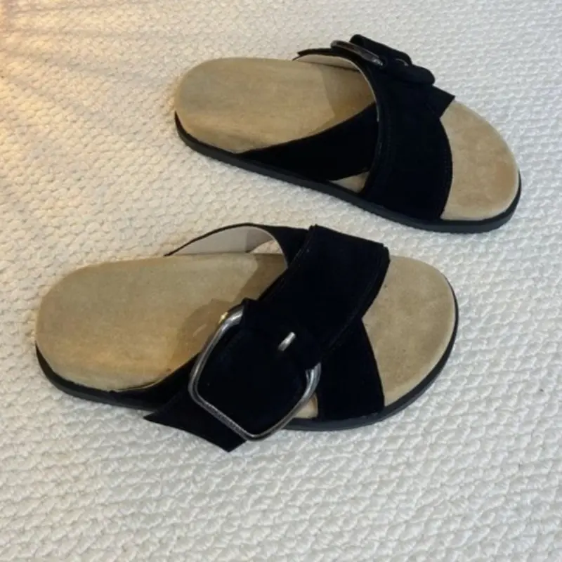 Metal Buckle Flat Flip Flops Summer New Round Head Open Toe Cross Strap Non-slip Wear-resistant Sandals