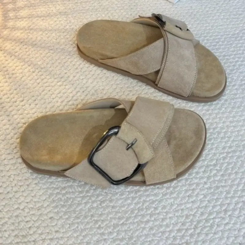 Metal Buckle Flat Flip Flops Summer New Round Head Open Toe Cross Strap Non-slip Wear-resistant Sandals