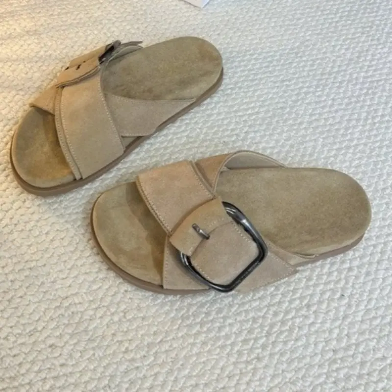 Metal Buckle Flat Flip Flops Summer New Round Head Open Toe Cross Strap Non-slip Wear-resistant Sandals