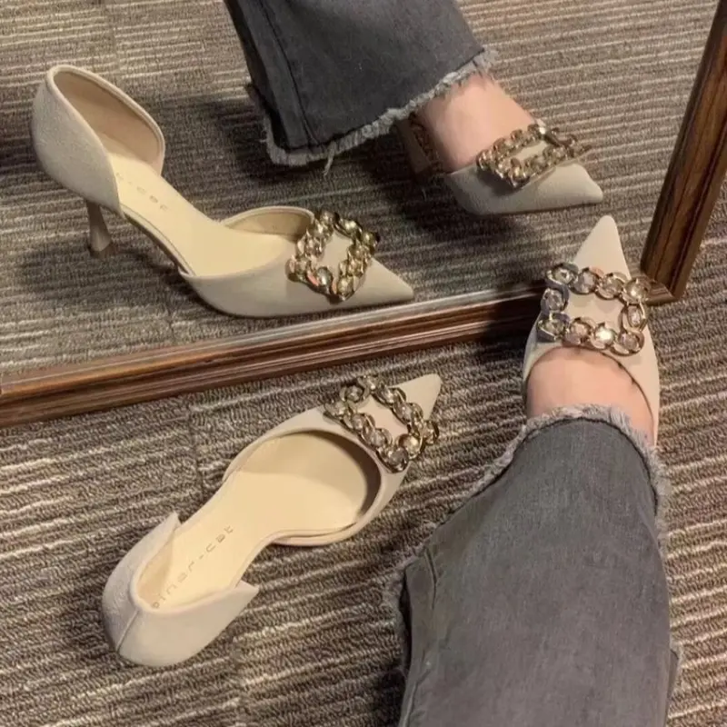 Women's Fall New Thin Heel Shoes Fashion Pointed Head Shallow Mouth Crystal Buckle Non-slip High Heels