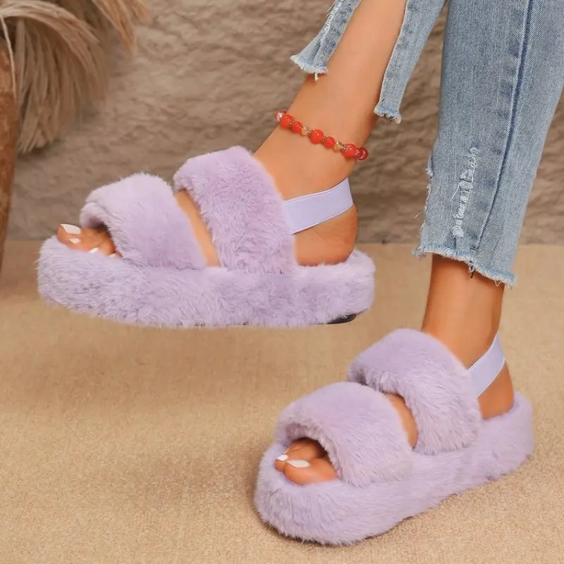 Plush Cotton Mopping Winter New Round Toe Open Toe One Strap Anti-slip Wear-resistant Platform Flats