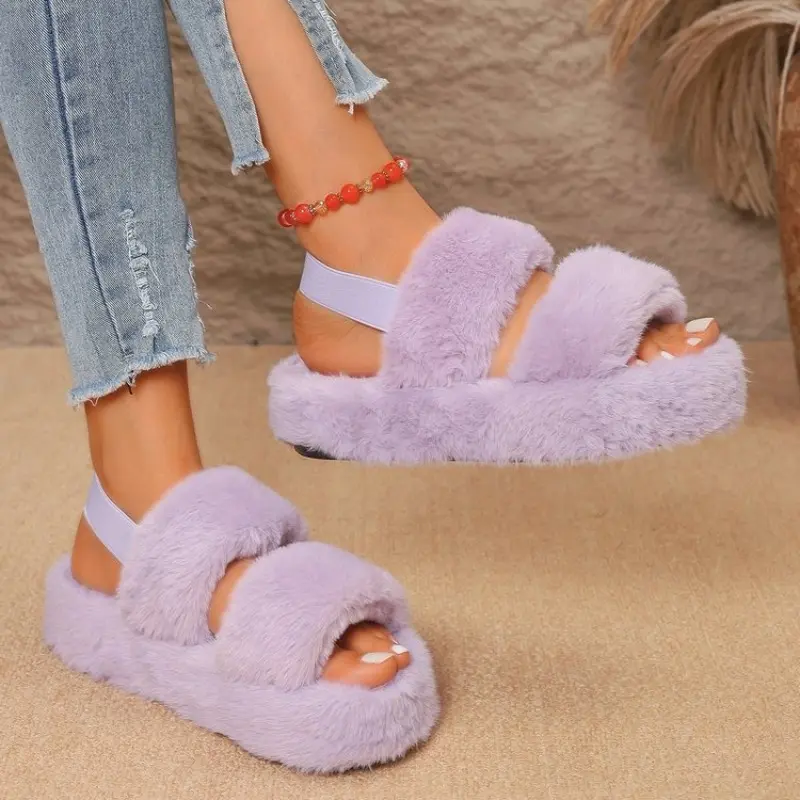 Plush Cotton Mopping Winter New Round Toe Open Toe One Strap Anti-slip Wear-resistant Platform Flats