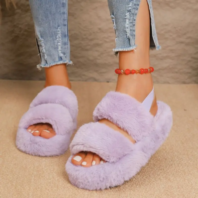 Plush Cotton Mopping Winter New Round Toe Open Toe One Strap Anti-slip Wear-resistant Platform Flats