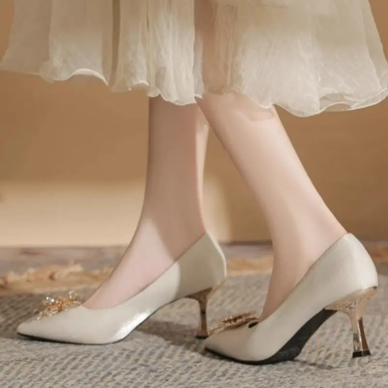 Women's Fashion Slim Heel Shoes Autumn New Pointed Head Suede Crystal Butterfly Anti-slip Wear-resistant High Heels