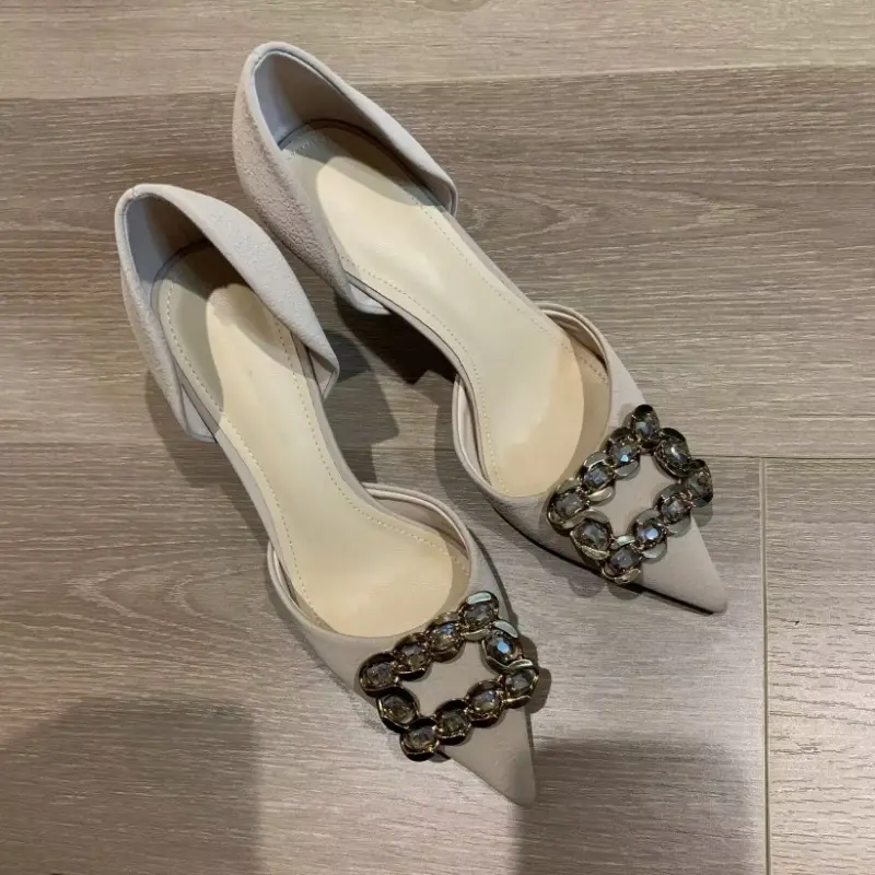 Women's Fall New Thin Heel Shoes Fashion Pointed Head Shallow Mouth Crystal Buckle Non-slip High Heels