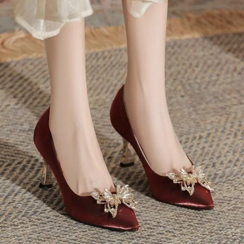 Women's Fashion Slim Heel Shoes Autumn New Pointed Head Suede Crystal Butterfly Anti-slip Wear-resistant High Heels