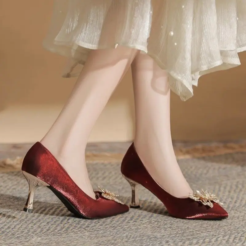 Women's Fashion Slim Heel Shoes Autumn New Pointed Head Suede Crystal Butterfly Anti-slip Wear-resistant High Heels