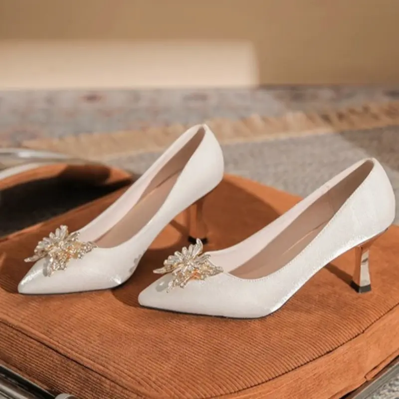 Women's Fashion Slim Heel Shoes Autumn New Pointed Head Suede Crystal Butterfly Anti-slip Wear-resistant High Heels