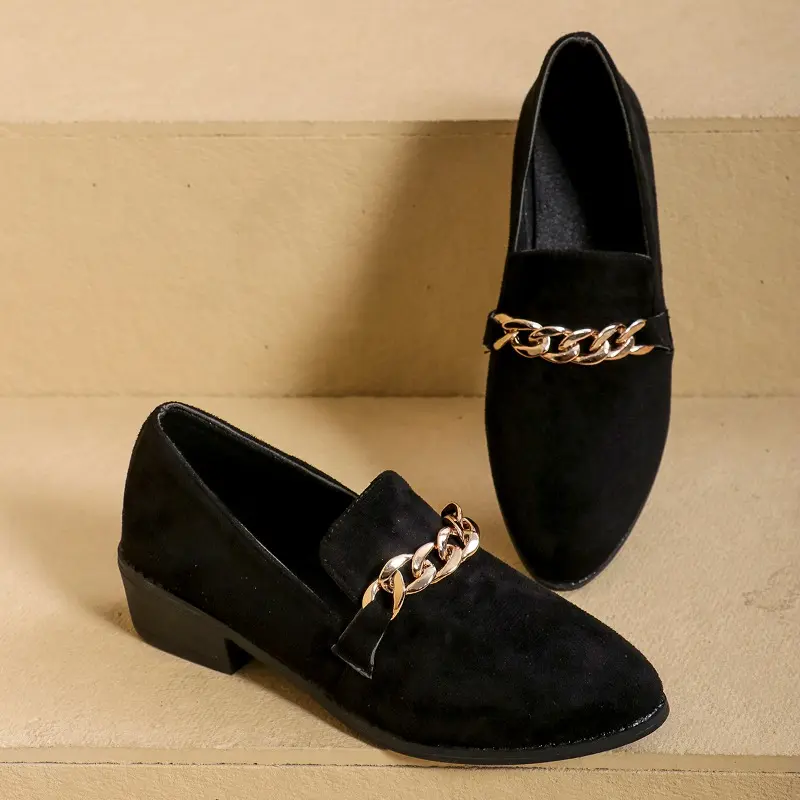Suede Block Heel Loafer Women's Autumn Fashion Round Toe Metal Chain Soft Sole Non-Slip Low Top Single