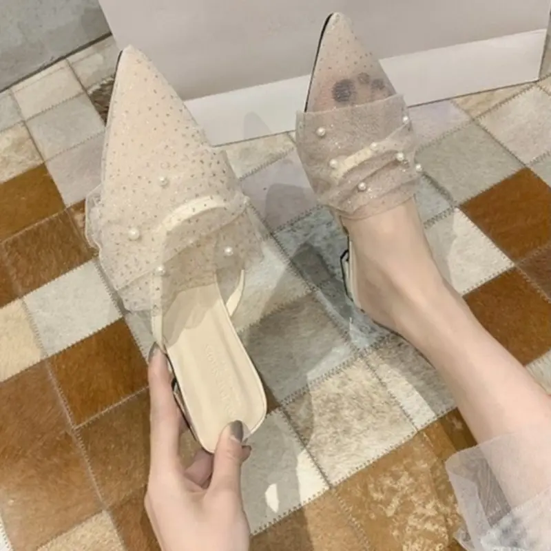 Baotou Half Drag Female Spring Summer Fairy Wind Net Red Lace Net Gauze Pointed Shallow Mouth Pearl Outside Wear Flip-flops