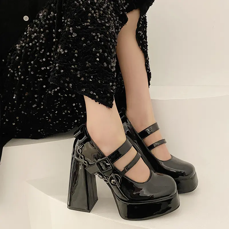 Women's Thick Heel Shoes Winter New Round Head Shallow Mouth Metal Chain Thick Sole Anti-slip Wear-resistant High Heels