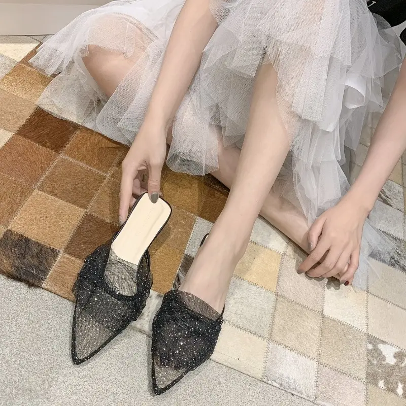 Baotou Half Drag Female Spring Summer Fairy Wind Net Red Lace Net Gauze Pointed Shallow Mouth Pearl Outside Wear Flip-flops