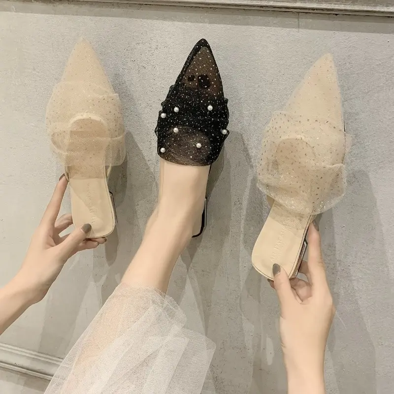 Baotou Half Drag Female Spring Summer Fairy Wind Net Red Lace Net Gauze Pointed Shallow Mouth Pearl Outside Wear Flip-flops