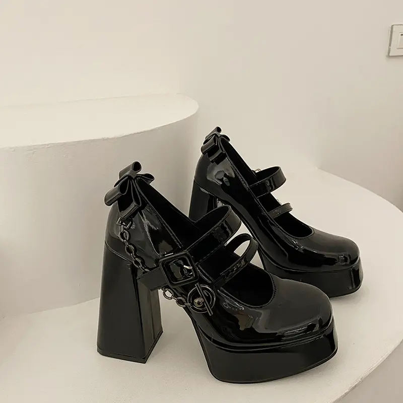 Women's Thick Heel Shoes Winter New Round Head Shallow Mouth Metal Chain Thick Sole Anti-slip Wear-resistant High Heels