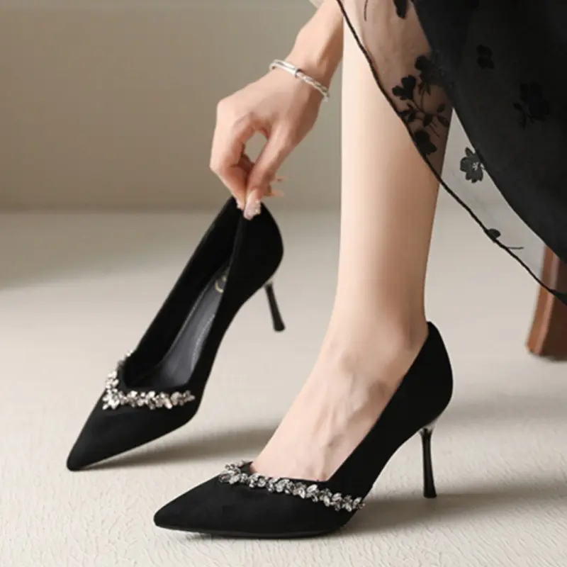 Women's Fashion Thin Heel Shoes Autumn New Pointed Head Shallow Mouth Crystal Anti-slip Wear-resistant Slip-on High Heels