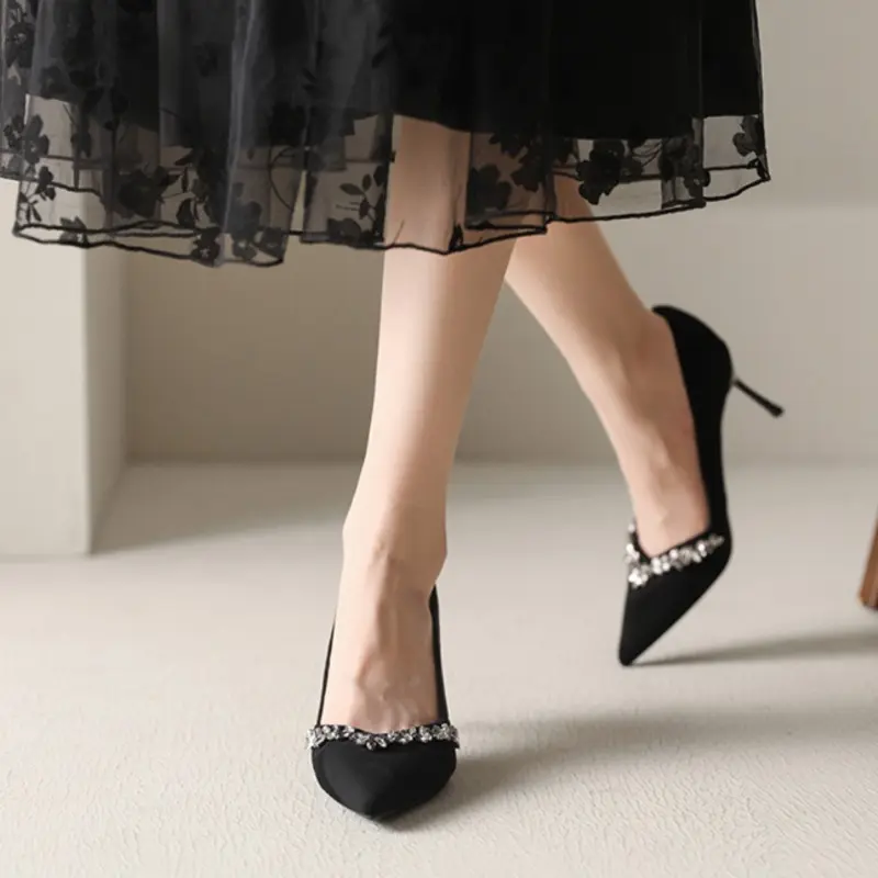 Women's Fashion Thin Heel Shoes Autumn New Pointed Head Shallow Mouth Crystal Anti-slip Wear-resistant Slip-on High Heels