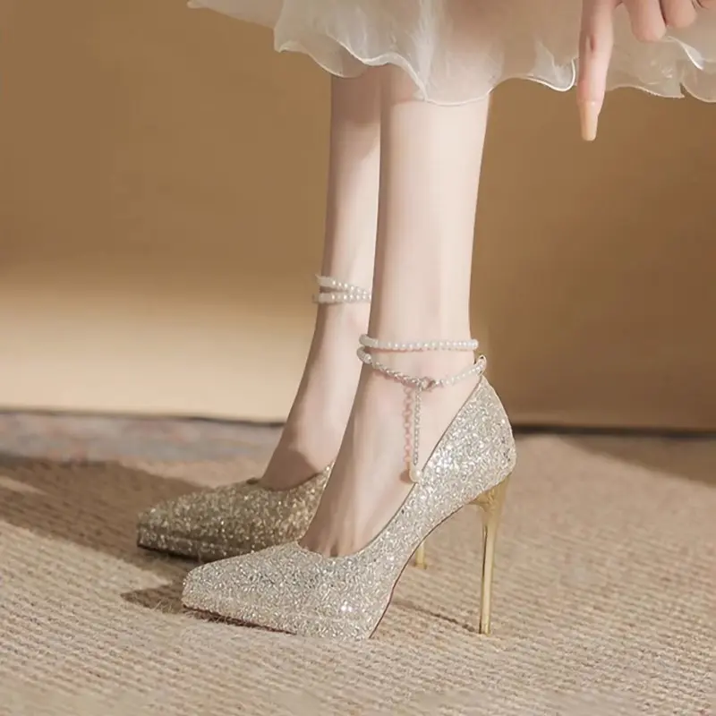 Thin Heel Shoes Women's Fashion Pointy Shallow Mouth Full Sequin Bead Set Foot Anti-slip Wear-resistant High Heels