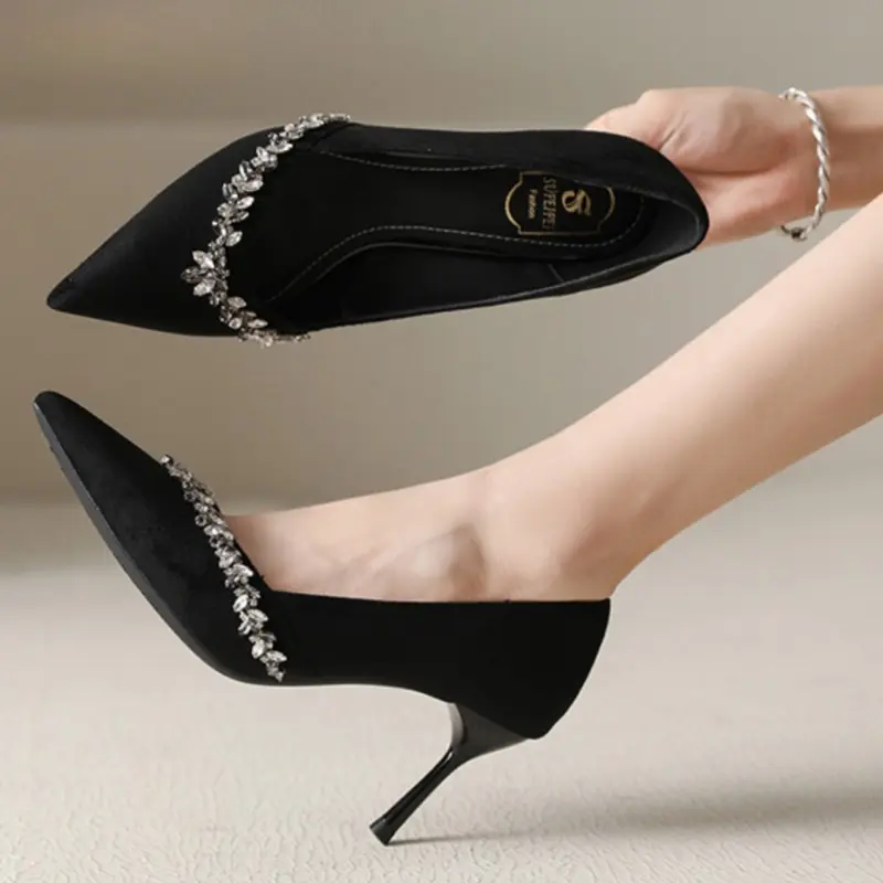 Women's Fashion Thin Heel Shoes Autumn New Pointed Head Shallow Mouth Crystal Anti-slip Wear-resistant Slip-on High Heels