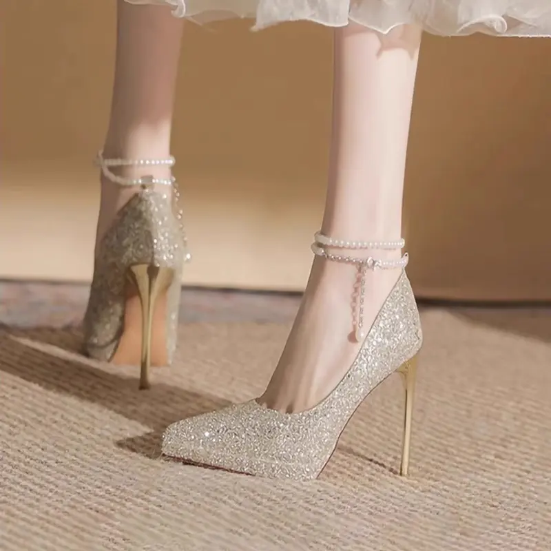Thin Heel Shoes Women's Fashion Pointy Shallow Mouth Full Sequin Bead Set Foot Anti-slip Wear-resistant High Heels
