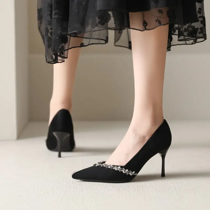Women's Fashion Thin Heel Shoes Autumn New Pointed Head Shallow Mouth Crystal Anti-slip Wear-resistant Slip-on High Heels